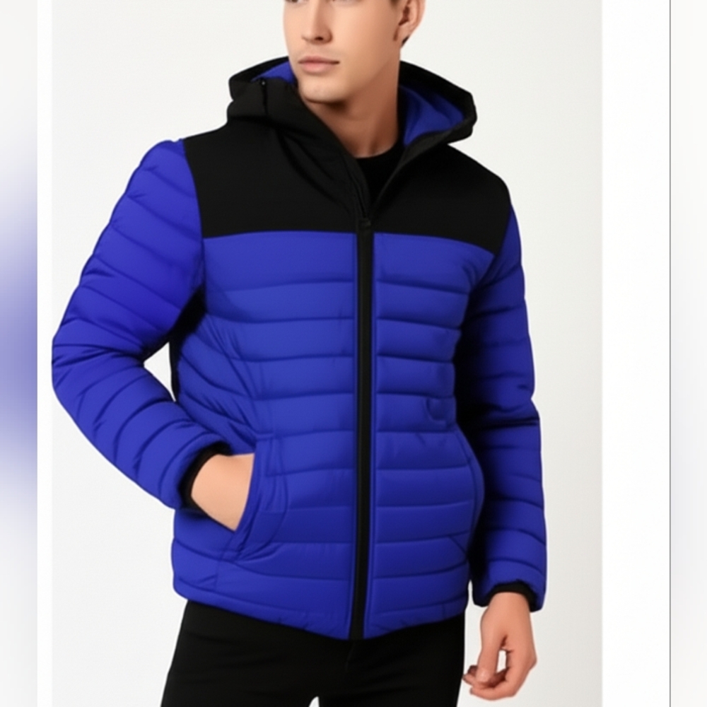Element Mens Alder Puff Travel Well Hooded Blue/Black Quilted Puffer Coat S